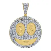Men Yellow Gold Finish .925 Silver Lab Diamond Dollar Smiley Emoji Pendant 1.75"