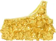 [Raenseen] Kids Girls One Shoulder Sequins Jazz Ballet Dance Tank Crop Tops Vest Performance Shirt Dancewear