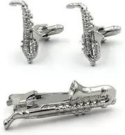 [Vodafor] Saxophone Silver Cufflinks and Tie Clip Set for Men – Musician and Jazz Lover Accessories, Great for Formal Events and Gifting, Medium, Non-Precious Metal, No Gemstone
