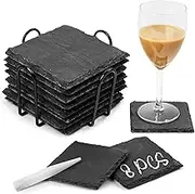 ARILEO Black Slate Drink Coasters with Holder, 8 Pack Square Coaster Set with Chalk to Customize for Home Kitchen Bar, Rustic Blanks