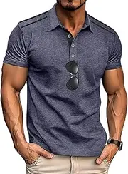 [HanZhuoAu] Men's Retro Polo T Shirt Summer Neckline Button Color Block Design Lapel Short Sleeve Tee