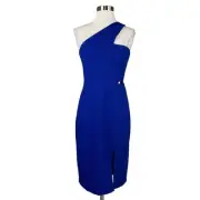 Aidan Mattox Women's Cocktail Dress Size 6 Blue Crepe One Shoulder Cutout Sheath