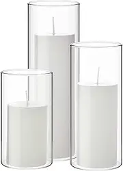 [Shihanee] Set of 3 White Pillar Candles and 3 Glass Cylinder Candle Holders for Slim Candles Wedding Valentine's Day Centerpieces(White, 2.6'' X 4.7'', 5.9'', 7.9'')