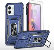 [Asuwish] Phone Case for Motorola Moto G84 5G with Tempered Glass Screen Protector and Slide Camera Cover Magnetic Ring Holder Kickstand Cell Accessories Protective Slim G 84 2023 Women Men Navy Blue