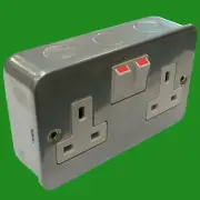 2x 2 Gang Metal Clad Switched 13A Double Mains UK 3 pin Wall Power Socket Outlet
