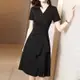 赫本風小黑裙 165214 氣質短袖洋裝 v領輕熟風洋裝中長裙a字裙