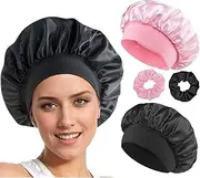 JRYXDS Pack of 2 Silk Bonnet Sleep Cap Adjustable Satin Hair Cap Silk Bonnet Sleep Cap Women Girls Breathable Sleeping Cap Shower Caps for Various Hair Types with 2 Satin Hair Bobbles