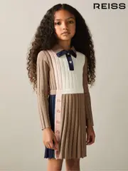 Reiss Camel Kleo 9-13 yrs Ribbed Colourblock Funnel Neck Dress (E93698) | $140