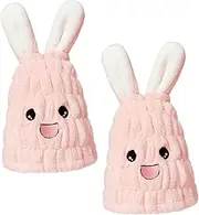 WOFASHPURET 2pcs Super Absorbent Microfiber Hair Towel Turban for Quick Dry Hair Wrap Cap with Cute Bunny Ears for Bathing Showers and Swimming