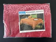 Vintage Montgomery Ward Lace Border Tablecloth Red DuPont 67” x 90” Oval NOS