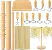 [Suclain] 14 Pcs Pasta Making Tool Set Includes Wooden Cutter Dough Scraper Rolling Pin Pasta Drying Rack Gnocchi Board Wood with Roller 8 Ravioli Stamp Maker Cutter for Kitchen Noodle (Classic)