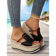Women's Black Platform Espadrille Slide Sandals with Braided Jute Sole – Casual Beach Wedge Shoes for Summer Vacations, Resort Wear, and Coastal Outfits