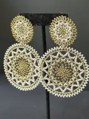 Chucky Oversize White and Gold Glassseed Drop Statement Earrings/3.75''