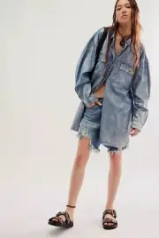 NWT Free People x One Teaspoon Nixie Denim Shirt Dress Top Metallic Medium $178