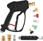 Pressure Washer Gun, 360°Swivel Short High Power Washer Gun(Max 5000PSI) with 5 Nozzle Tips, 1/4" Quick Connector, M22-14mm/15mm to 3/8" Quick Connection Car Wash Foam Gun Compatible Most Power Washer