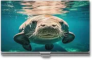 QWNMD Business Card Case Box Buckle Style Shut Metal Business Card Holder Manatee Animalsprinted Slim Purse Name Card Holders for Business Cards Men Women
