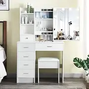 Vanity Desk with Mirror and Lights, Small Dressing Table with Lights and Stool, Vanity Table with 5 Drawers, for Bedroom White