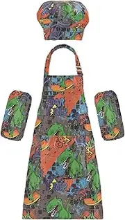 AIXIWAWA Kids Apron Chef Hat Set, Child Kitchen Bib Aprons Adjustable for Cooking Baking Painting (Skating Dinosaur)