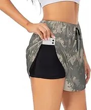 [WURTON] Army Digital Camouflage Print Exercise Gym Workout Shorts Women's Athletic Shorts Dual-Layered Yoga Running Shorts