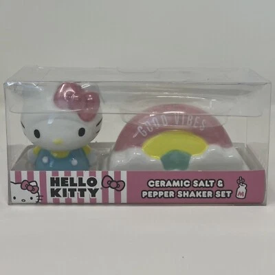 Sanrio Hello Kitty Ceramic Salt & Pepper Shaker Set Good Vibes Rainbow New