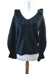 Boden Wool Blend Sweater Size 6 Alpaca Black V-neck Pullover Fluffy Frill NWT