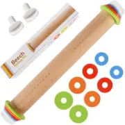 Yasashii Wood Rolling Pin with 4 Adjustable Thickness Rings, Non-Stick Dough Rol