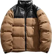 [Generic] Men's Winter Casual Loose Patchwork Padded Coats Full Zip Stand Collar Thermal Coat Big And Tall Winter Coat, Brown, Large