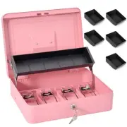 Large Locking Cash Box with Key Lock and Money Tray, Portable Metal Cash Boxe...