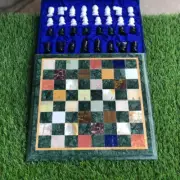 Green Marble Chess Top with Multi-Stone Inlay & Complete Set – Perfect Valentine