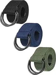 [Funtery] 3-Piece Men's Canvas Belt with Metal Double D Ring Buckle - Military Style, Casual Belts - Army Green, Black, Dark Blue