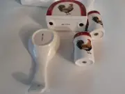 Rooster Fine Ceramicware 4 Pc Table set. S&P Shaker + Napkin Holder+spoon holder