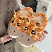 Fashion Home Cotton Slippers Cozy Soft Short Plush Slides Cartoon Giraffe Female Winter Shoes Indoor Non-slip Women Slippers B 36-37(22.5-23CM)