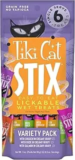 TIKI PETS Cat Stix Wet Treats Topper, Grain Free Lickable Smooth Blend in Creamy Gravy, Variety Pack Tuna, Duck, Salmon 72 Stix 12 Pouches, 33 oz