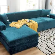 Velvet Shaped Sofa Cover Universal Fit for 4-Seater L Shape Sofas Stylish and Fashionable Polyester Thick Sofa Covers, Lake Blue