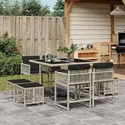 9 Piece Garden Dining Set with Cushions, All Weather Patio Furniture Set for Backyard Garden Deck Poolside, Light Grey Poly Rattan