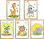 Set of 5 Posters | Colourful Animal Pictures | Children's Room | Safari Animals | Monkey, Lion, Giraffe, Elephant, Zebra | Butterflies | Decoration | DIN A4 | without Frame, 210 x 297 Months