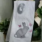 Casaba Grey Bunny Butterflies Pink Rabbit Dish Towels Kitchen Towels S/ 2 Cott