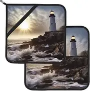 2 Pack Pot Holders for Kitchen Heat Resistant Potholders Lighthouse Rocks Seaside Pot Holders Set Washable Hot Pads with Loop Non Slip Potholders for Cooking Baking BBQ Microwave 8 x 8 Inch