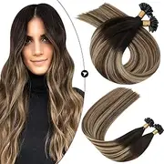 Ugeat Keratin U Tip Hair Extensions Human Hair 14 Inch Pre Bonded U Tip Human Hair Extensions 50strands Nail Tip Hair Extensions Human Hair Balayage Color Off Black to Brown with Blonde