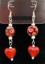 Red Glass Heart & Millefiori Bead with White Glass Bead Earrings L by Neanie-Bot