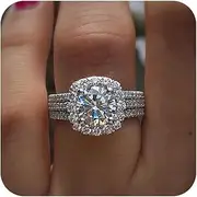 [Gixaxak] Silver Plated Micro Pave Hand Simulation Diamond Ring Zircon Rings Cubic Zirconia Promise Halo Engagement Wedding Band Ring for Women