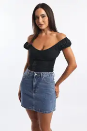 Black Crop Top Short Sleeve V Neck Button Details - Size 14L, Women's Crop Top