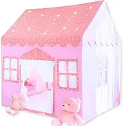Large Cotton Tent for Kids - 50"x43"x63" Indoor Play House with Wooden Frame & Battery Lights, Kids Tent with Carry Bag, 3 Windows & 2 Pockets, CPSC Certified Playhouse for Girls and Boys