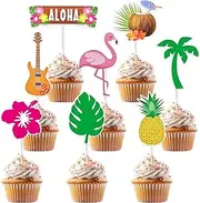 32 Pcs Hawaiian Luau Cupcake Toppers - Flamingo Palm Tree Pineapple Guitar Coconut Hibiscus Aloha Tropical Cupcake Picks Hawaiian Beach Theme Summer Birthday Party Cake Decorations Supplies