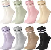 [Utensilsto] 8 Pairs of Women's Socks 35-42 Tennis Socks Colourful Sports Socks Long Cotton Socks Striped Socks Sports Socks for Women Running Work, Beige, black, green, khaki, light grey, pink, purple,