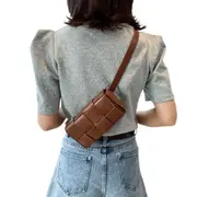 Mini Woven PU Leather Crossbody Shoulder Bag with Adjustable Strap-Coffee