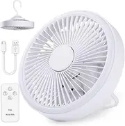 GeeRic USB Desk Fan, Mini Ceiling Fan with Light Telecontrolled Quiet Hanging Foldable 270° Adjustable 3 Gear Speed/2 Light Powerful 2000mAh Tent Camping Fan for Home,Office,Travel,Car,Outdoor White