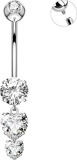 OUFER Belly Button Rings, 14G Heart Shaped Pendant Belly Button Piercing, G23 Solid Titanium Internally Threaded Belly Rings, Clear CZ Pendant Navel Piercing Jewelry For Women
