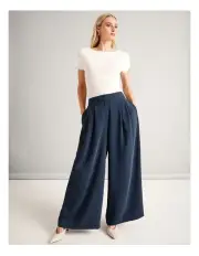 [Basque] Recycled Poly Fluid Double Pleat Wide Leg Pants in Navy