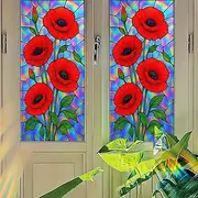 Starlit Patio Red Poppy Window Film Iridescent Stained Glass Privacy Panel Static Cling No Glue Decorative Cover for Kitchen Studio Door Partition 17.7x39.3 inch